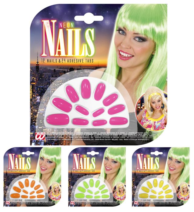 Set de "12 FAUX ONGLES NEON" avec 24 adhésifs - 4 couleurs ass.
