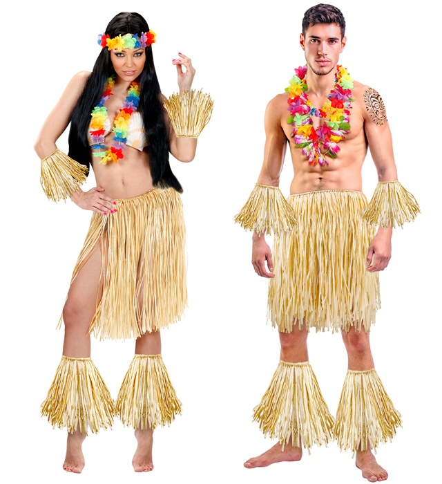 "HULA / MAORI / ZULU" (jupe, bracelets, guetres de raphia)