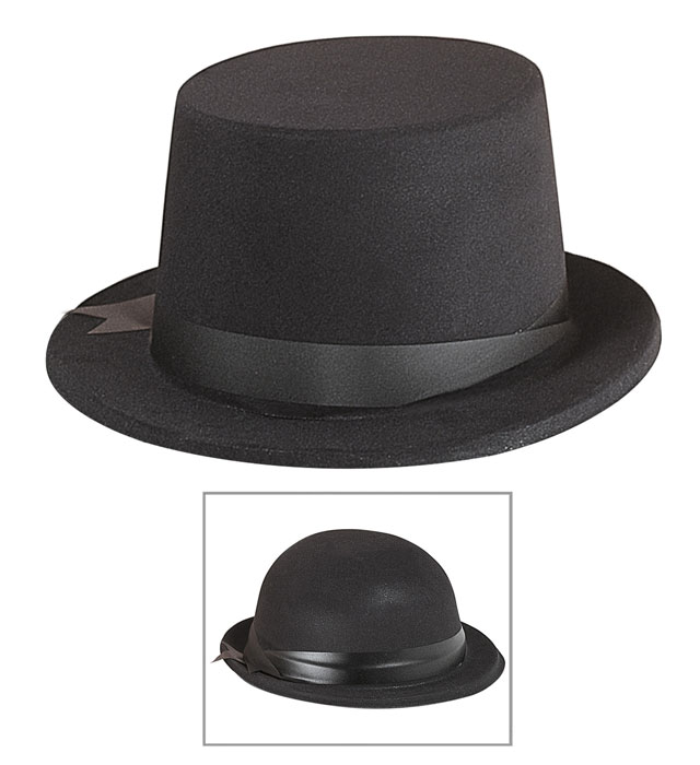 "CHAPEAU HAUT DE FORME ET MELON FLOQUES" avec ruban décoratif
