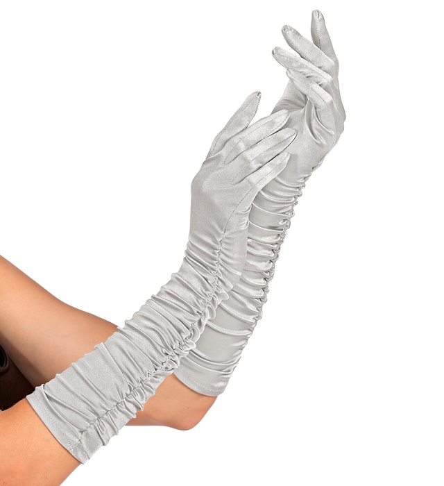 [34316] "GANTS SATIN ÉLASTHANNE PLISSE ARGENTS" 44 cm