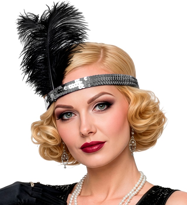 [34542] "BANDEAU A PAILLETTES ARGENT AVEC 2 PLUMES" 25 cm