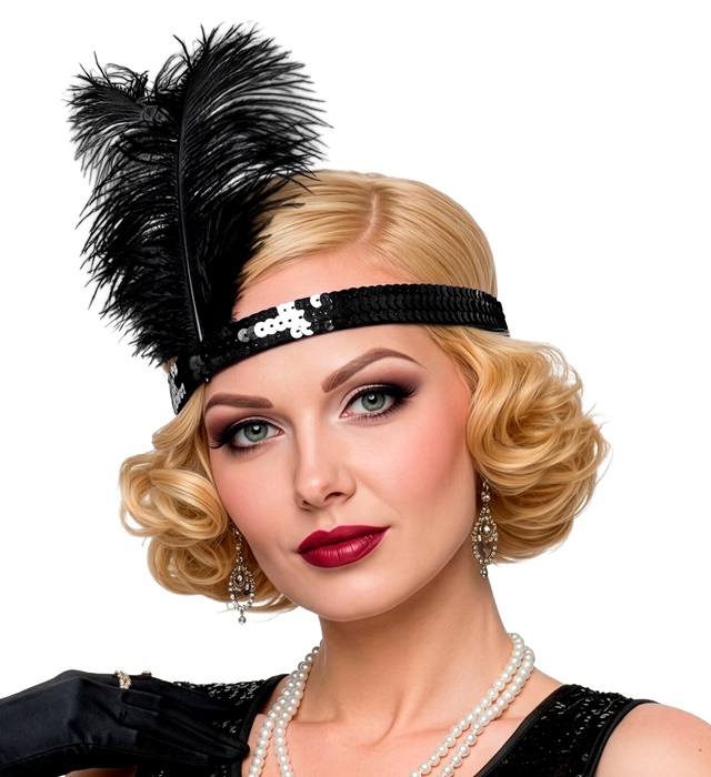 "BANDEAU A PAILLETTES NOIR AVEC 2 PLUMES" 25 cm