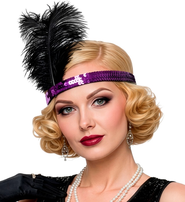 "BANDEAU A PAILLETTES VIOLET AVEC 2 PLUMES" 25 cm