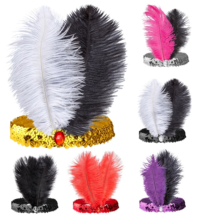 "BANDEAU CHARLESTON A PAILLETTES AVEC PIERRE ET 2 PLUMES" 6 couleurs ass.