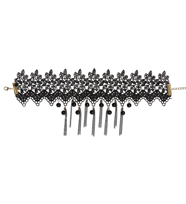 [03341] "COLLIER EN DENTELLE AVEC PERLES ET CHAINES NOIRES"