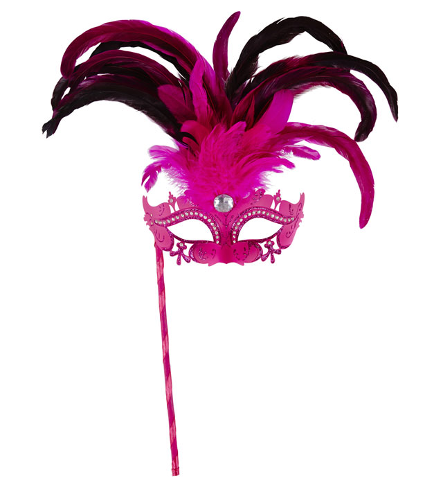 [04705] "LOUP DE MARQUISE ROSE DECORé AVEC STRASS, PIERRE ET PLUMES AVEC BATON"