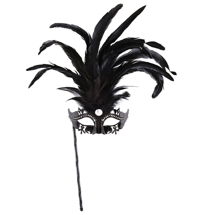 [04708] "LOUP DE MARQUISE NOIR DECORé AVECSTRASS, PIERRE ET PLUMES AVEC BATON"