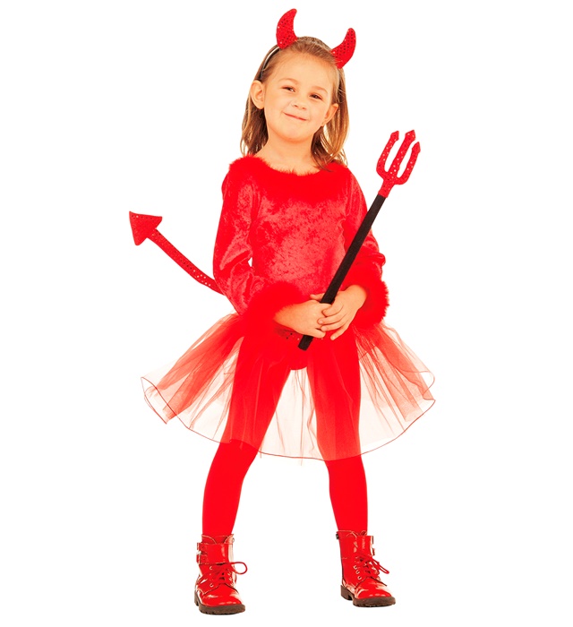 "DIABLESSE" de velours (body avec finissage en plumes, jupe avec queue en paillettes, cornes en paillettes)