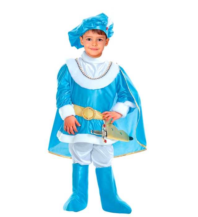 "PRINCE AZUR" (casaque, pantalon, ceinture avec étui pour le poignard, surbottes, chapeau avec gemme et plume)