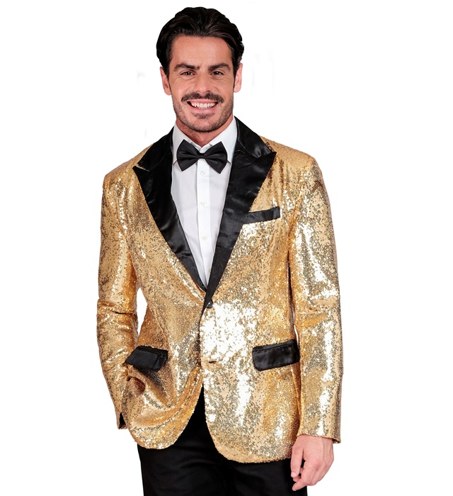 [42511] "VESTE PARTY FASHION" (veste à paillettes or avec col en satin et poches) (S)