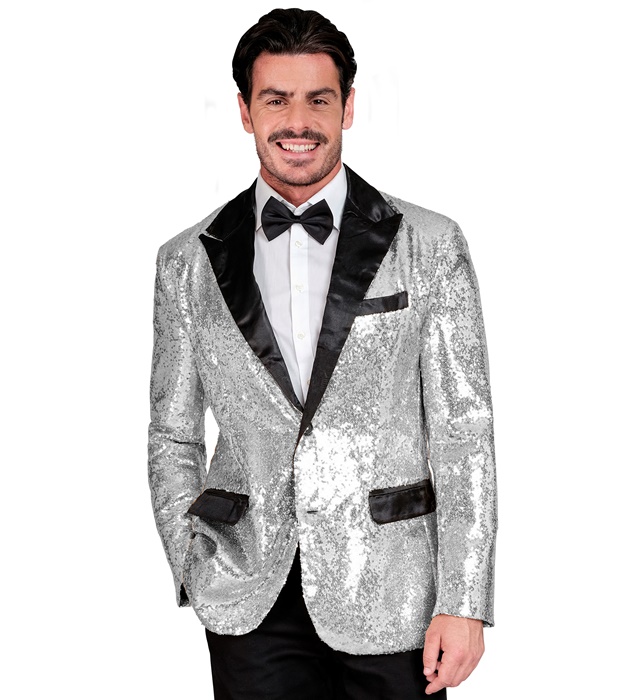 [42521] "VESTE PARTY FASHION" (veste à paillettes argent avec col en satin et poches) (S)