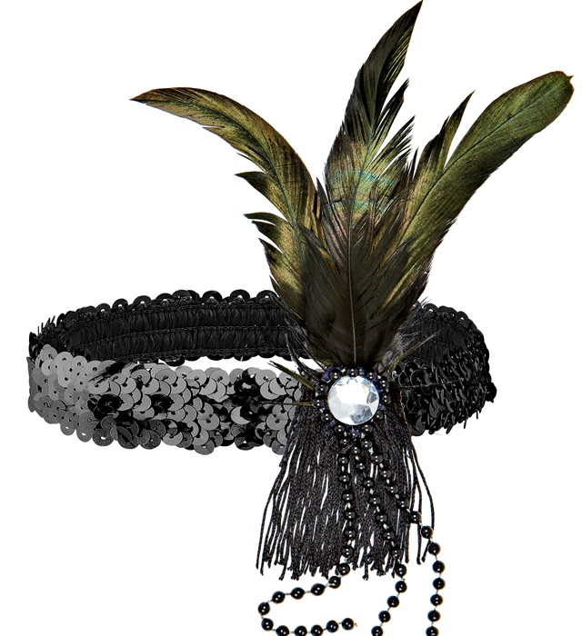 [9099T] "BANDEAU A PAILLETTES NOIR AVEC PLUMES ET PERLES"