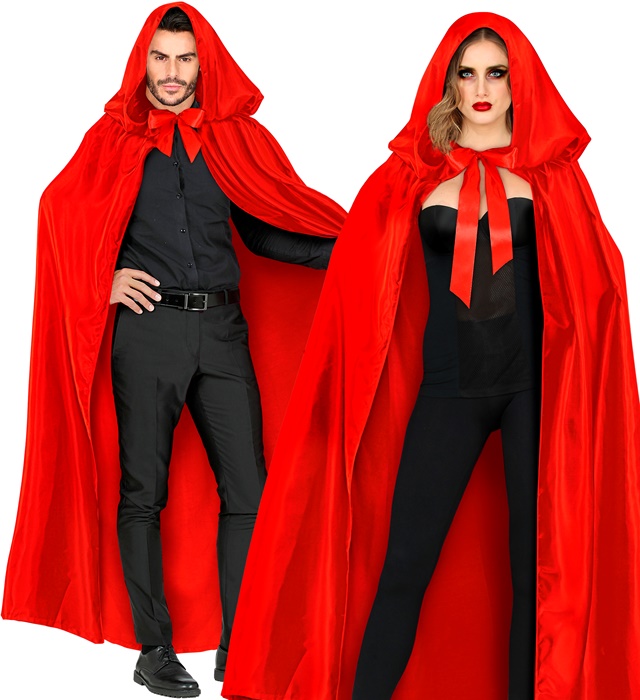 [00100] CAPE AVEC CAPUCHE EN SATIN ROUGE 145CM