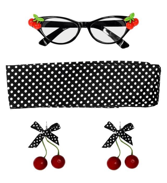 [00110] "50's CHERRY SET" (lunettes, boucles d'oreilles, foulard)