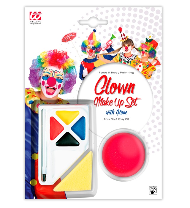 Set de "MAQUILLAGE CLOWN AVEC NEZ" (4 couleurs 4,5 ml & brosse en pot, nez, éponge)