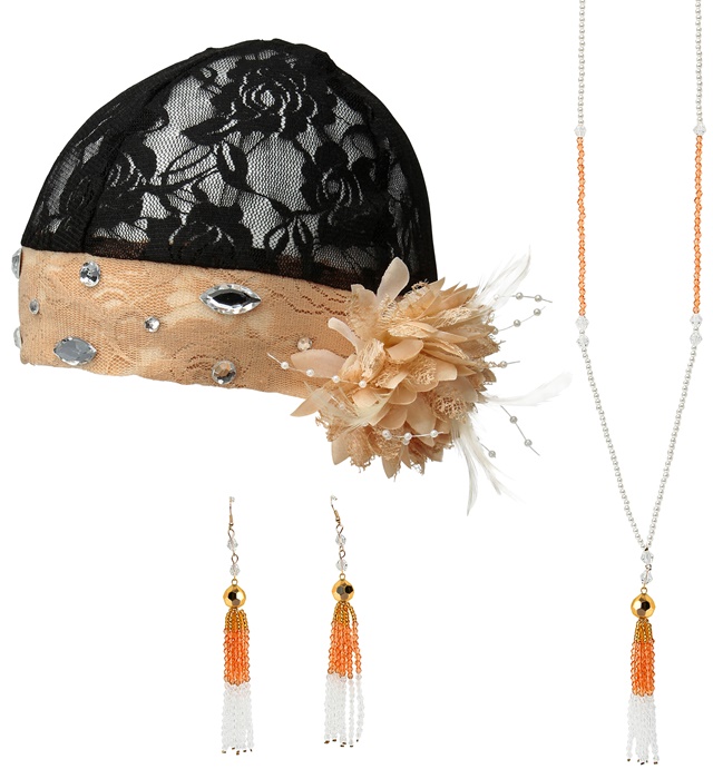 "ANNEES 20 RUGISSANTES CHARLESTON" (coiffe dentelle avec fleur, paire de boucles d'oreilles perlées, collier perlé)