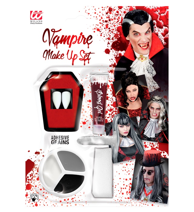 Set de "MAQUILLAGE VAMPIRE" (2 canines en tombe pot, adhesif thermoplastique en granules 1,4 g, gel sang 3 ml, 3 couleurs maquillage 4,5 ml, éponge)