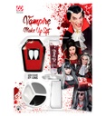 Set de "MAQUILLAGE VAMPIRE" (2 canines en tombe pot, adhesif thermoplastique en granules 1,4 g, gel sang 3 ml, 3 couleurs maquillage 4,5 ml, éponge)