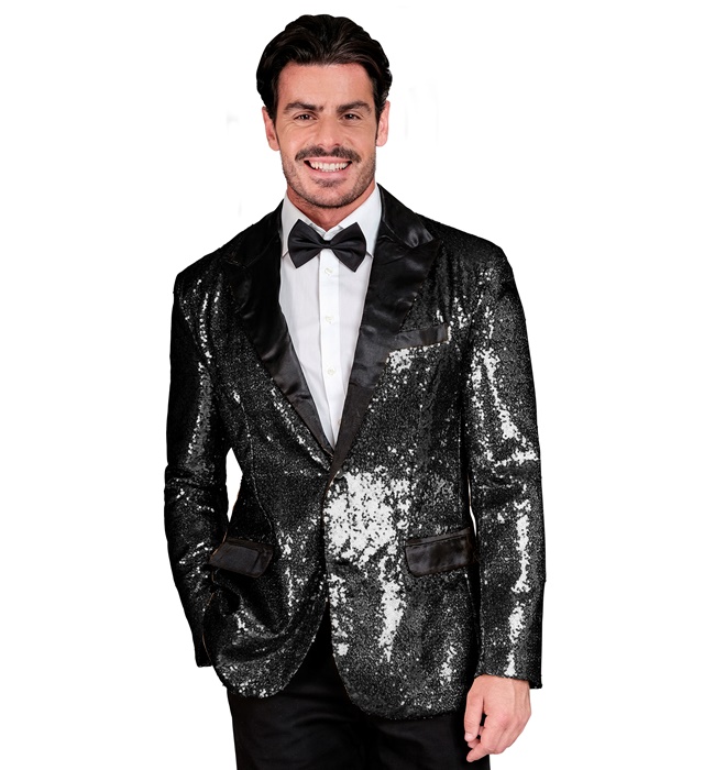 "VESTE PARTY FASHION" (veste à paillettes noire avec col en satin et poches)