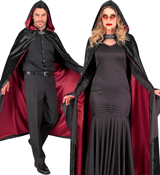 "MANTEAU A CAPUCHE EN VELOURS NOIR AVEC LINGUETTE ROUGE"