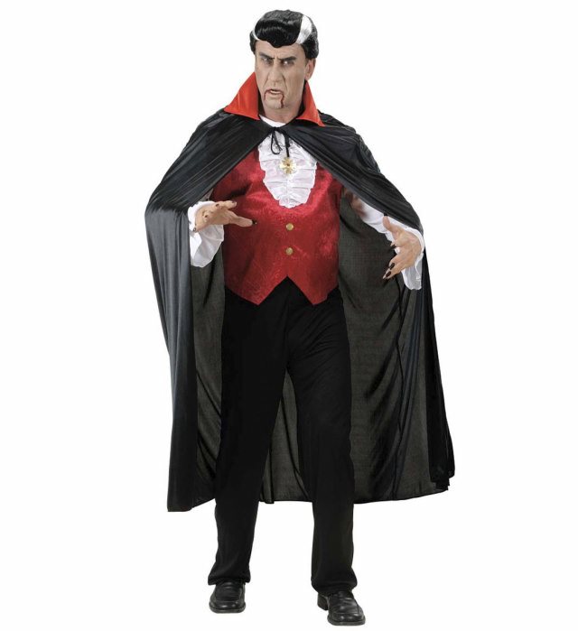"CAPE NOIRE AVEC COL ROUGE SATIN" 136 cm