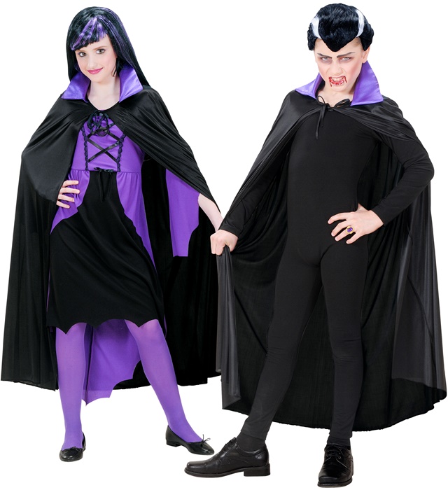 "CAPE NOIRE AVEC COL POURPRE SATIN" taille enfant - 110 cm