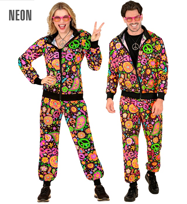 "COMBINAISON PARTY FASHION HIPPIE PEACE & LOVE FLUO" (veste, pantalon)