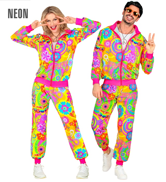 "COMBINAISON PARTY FASHION HIPPIE GROOVY LOVE FLUO" (veste, pantalon)