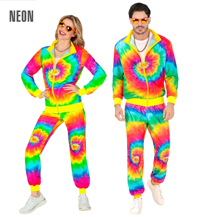 "COMBINAISON PARTY FASHION HIPPIE PSYCHEDELIQUE TIE DYE FLUO" (veste, pantalon)