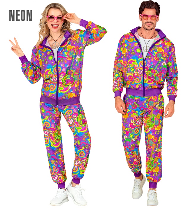 "COMBINAISON PARTY FASHION HIPPIE FLOWER POWER FLUO" (veste, pantalon)