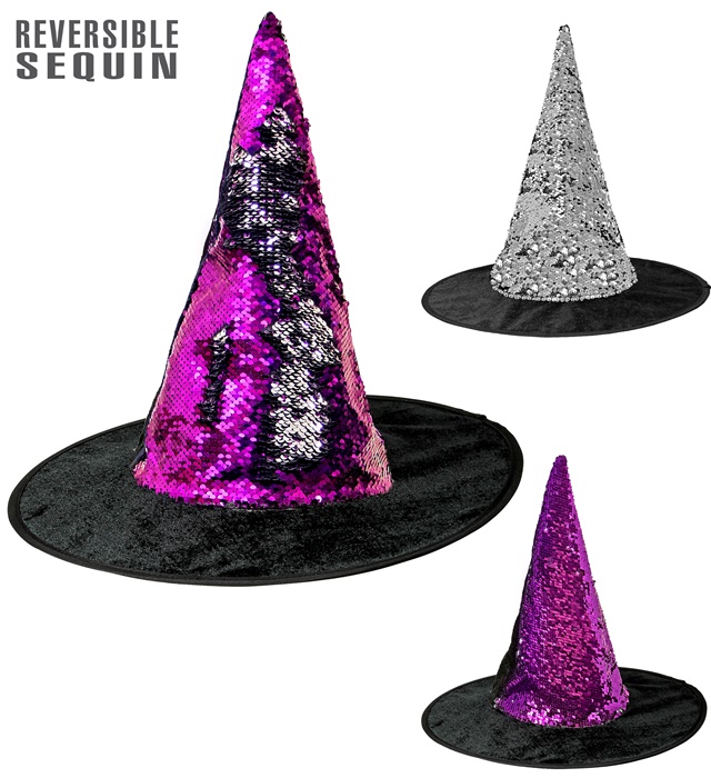 [00259] "CHAPEAU DE SORCIERE AVEC PAILLETTES REVERSIBLES VIOLET/ARGENT"