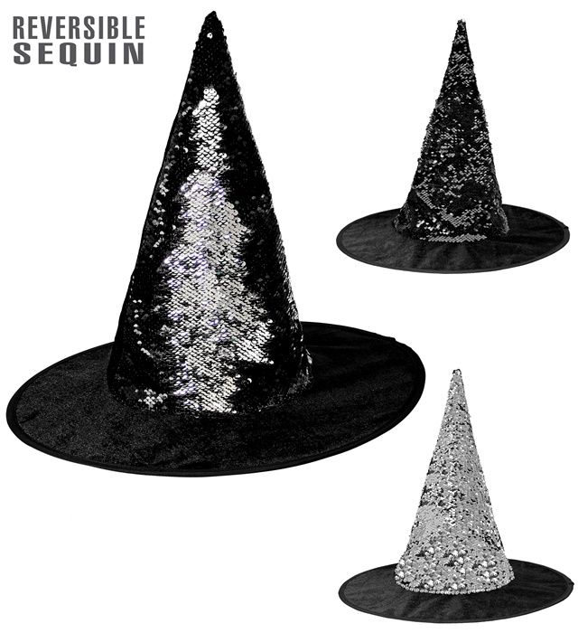 [00260] "CHAPEAU DE SORCIERE AVEC PAILLETTES REVERSIBLES NOIR/ARGENT"