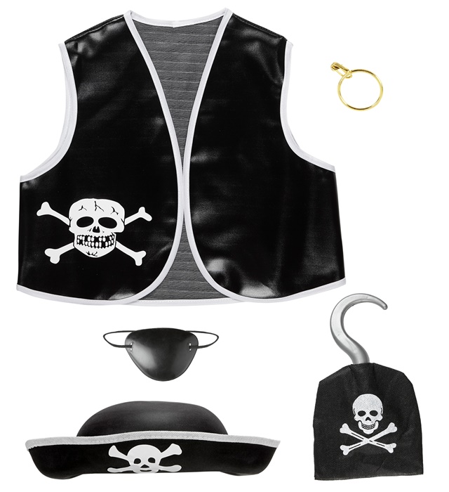 "SET PIRATE" veste, chapeau, cache-oeil, boucle oreille, crochet