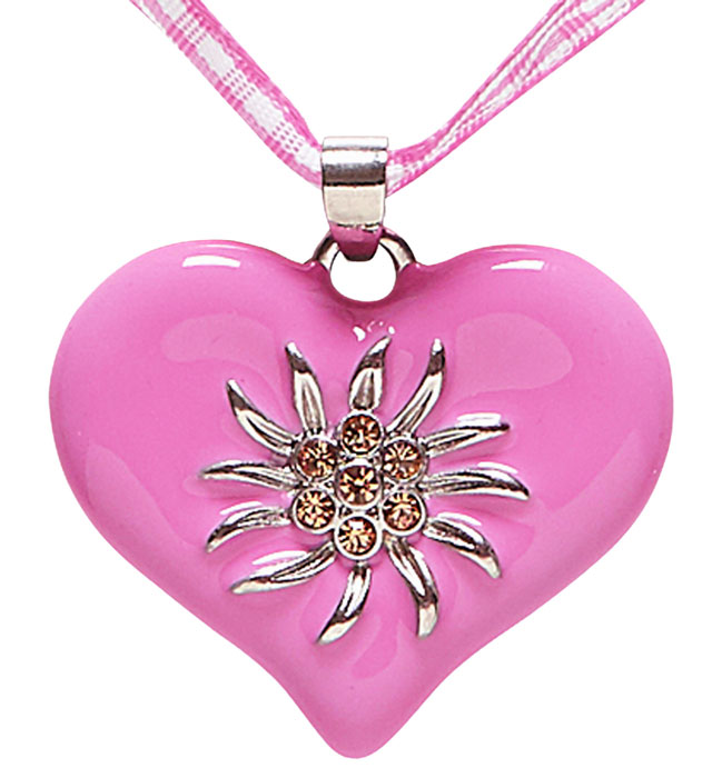 [46731] "COLLIER RUBAN A CARREAUX ROSES/BLANCS AVEC COEUR EDELWEISS STRASS"