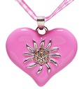"COLLIER RUBAN A CARREAUX ROSES/BLANCS AVEC COEUR EDELWEISS STRASS"