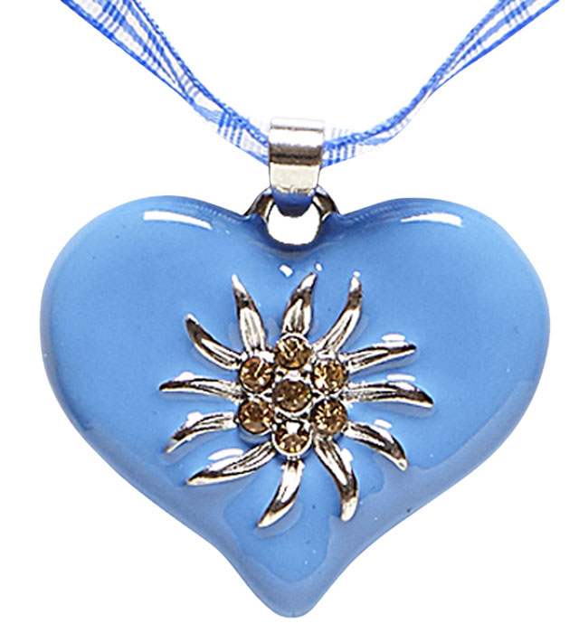 [46732] "COLLIER RUBAN A CARREAUX BLEUS/BLANCS AVEC COEUR EDELWEISS STRASS"