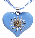 "COLLIER RUBAN A CARREAUX BLEUS/BLANCS AVEC COEUR EDELWEISS STRASS"