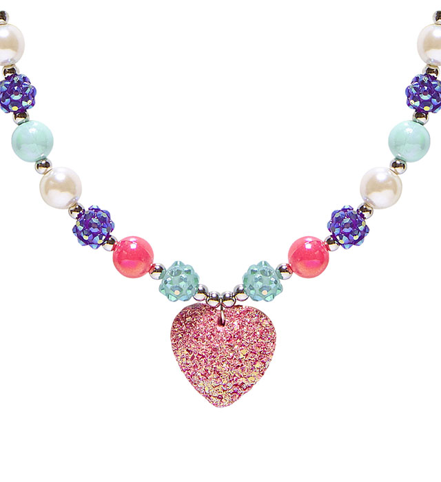 [46760] "COLLIER DE PERLES COLOREES AVEC COEUR ROSE STRASS"