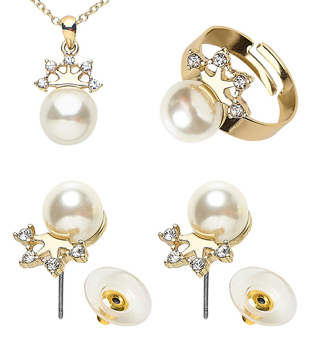 [46762] "SET PERLE  ET STRASS AVEC COLLIER, BOUCLES D'OREILLES ET BAGUE""