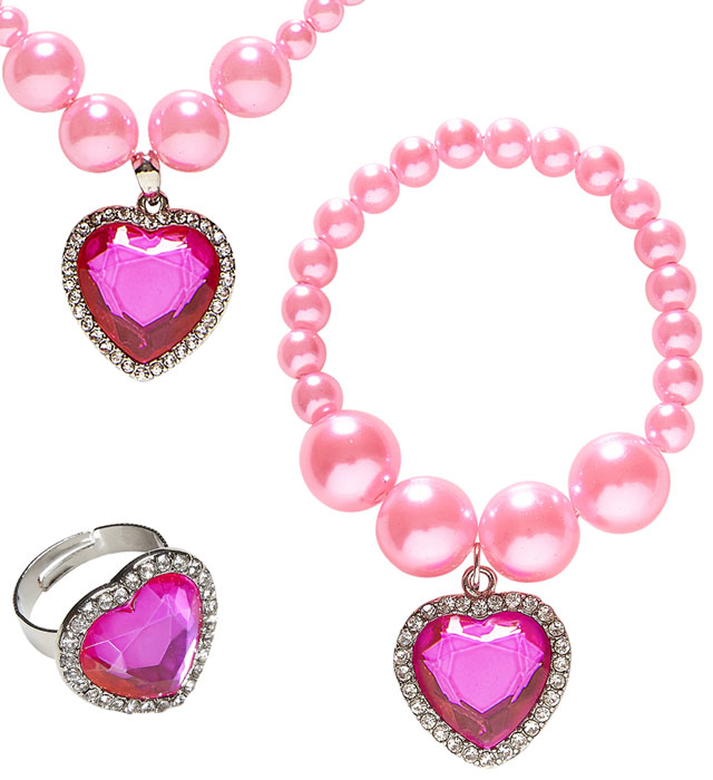 [46763] "COLLIER DE PERLES STRASS ROSE AVEC COEUR, BRACELET ET BAGUE"