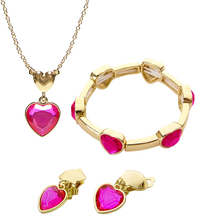 "COLLIER DORE PIERRE ROSE, BOUCLESD'OREILLES ET BAGUE" "