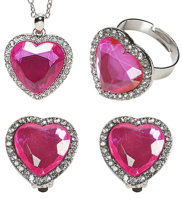 "COLLIER STRASS PIERRE COEUR ROSE AVEC BOUCLES D'OREILLES ET BAGUE"