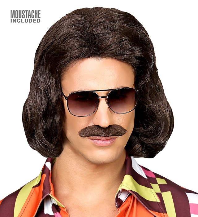 "PERRUQUE BRUN DANDY AVEC MOUSTACHE ANNÉE 70" en boîte