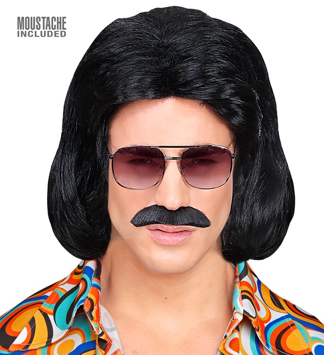"PERRUQUE NOIR DANDY AVEC MOUSTACHE ANNÉE 70" en boîte