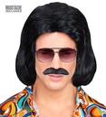 "PERRUQUE NOIR DANDY AVEC MOUSTACHE ANNÉE 70" en boîte