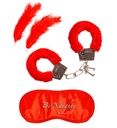 "SET D AMOUREUX" menottes en fourrure, bandeau, 2 plumes)
