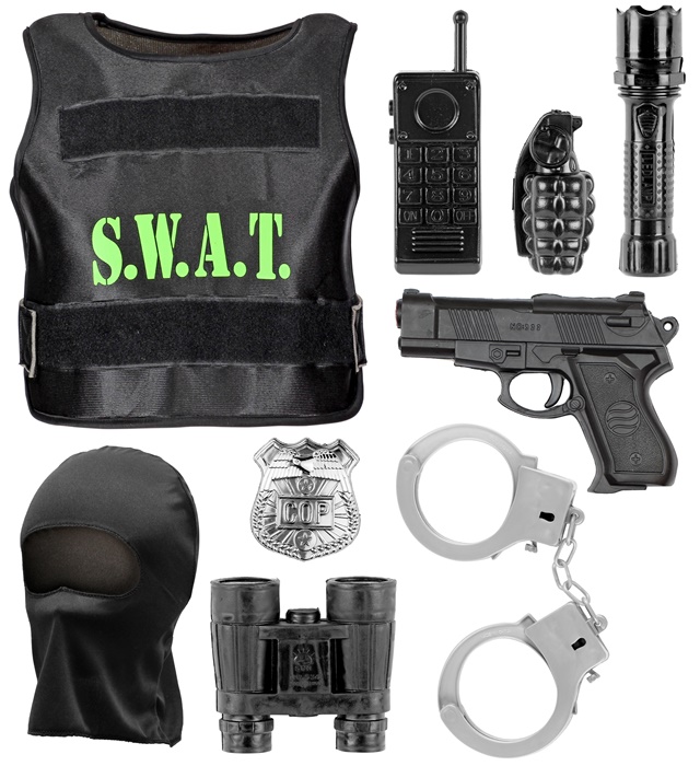 [00323] "SWAT (gilet pare-balles, insigne,pistolet, menottes, radio, lampe-torche, grenade, jumelles)