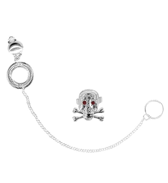 "SET PUNK" (boucle d'oreille avec chaine reliant le nez, bague crâne)