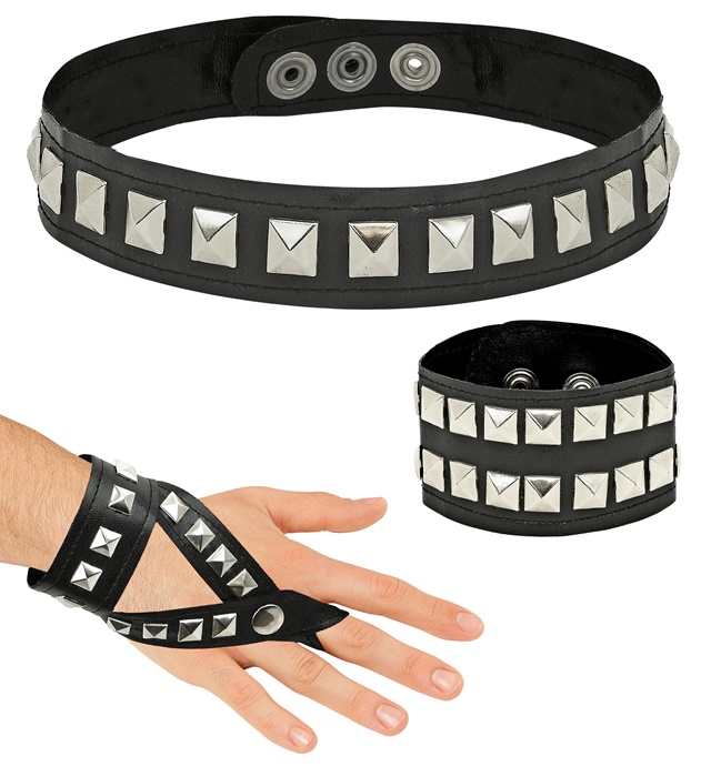 [5036P] "SET HARD ROCK" simili cuir (ras du cou clouté, bracelet, gant pour doigts)