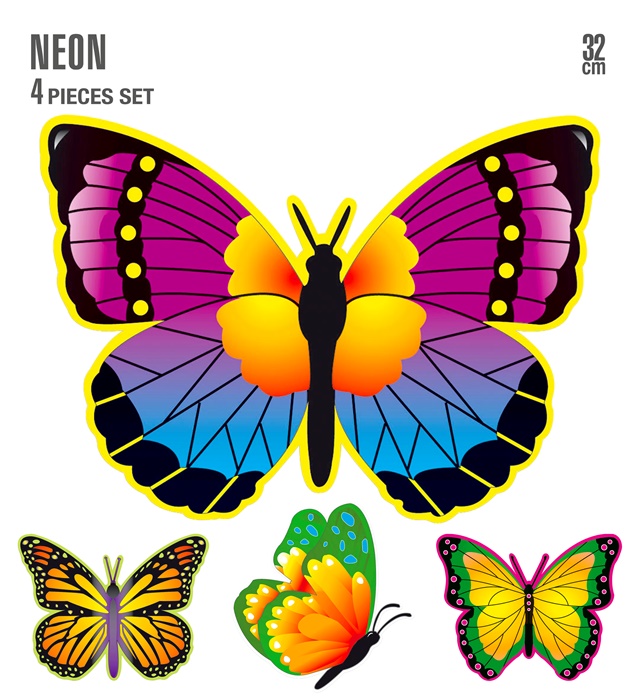 Set de "4 PAPILLON FLUORESCENT" 32 cm - 4 styles